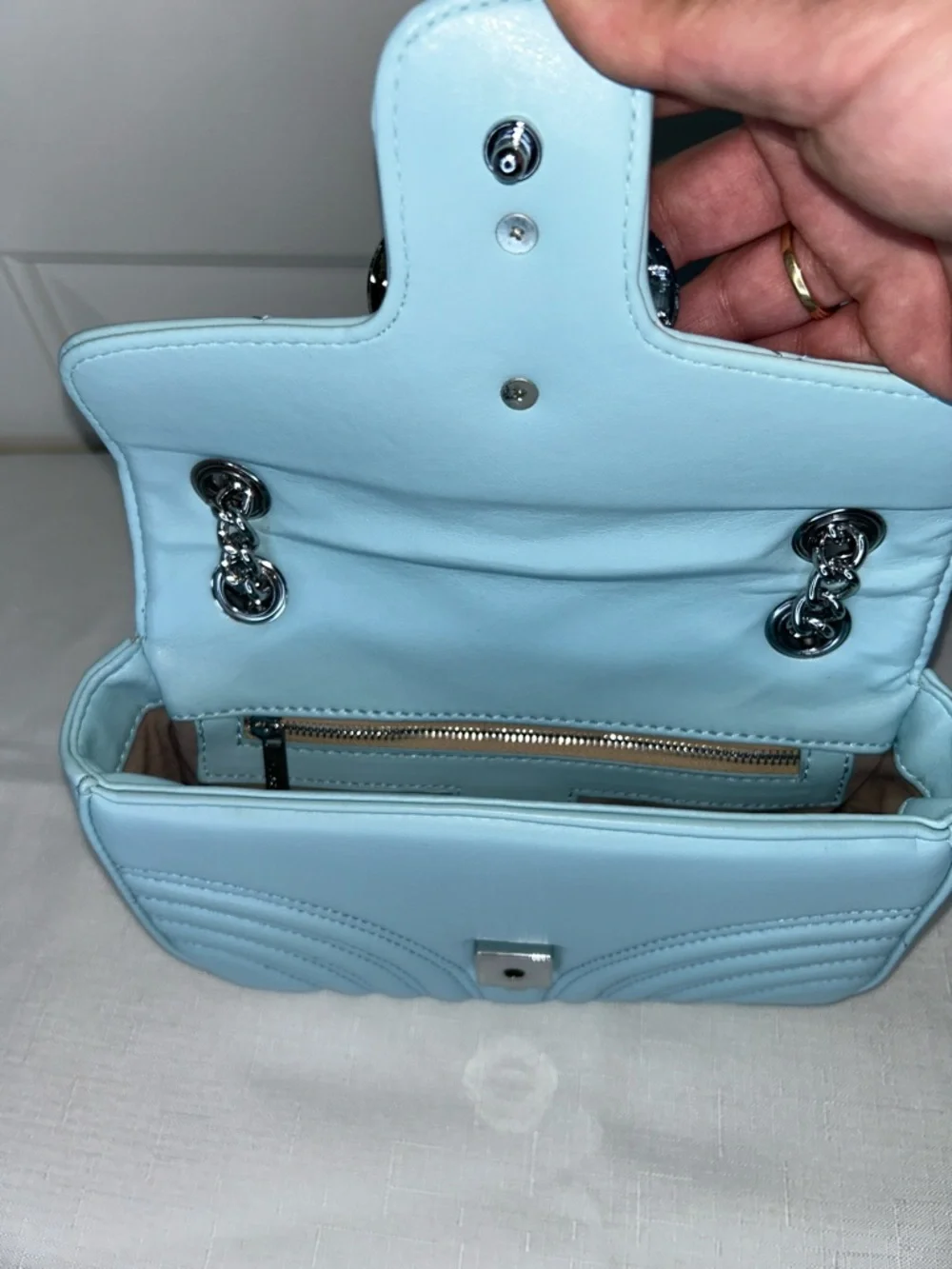 Light Blue Chevron Quilted Shoulder Bag with Silver Hardware and Dust Bag - Picture 7 of 13